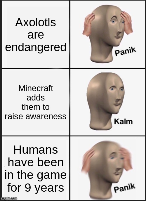 Panik Kalm Panik | Axolotls are endangered; Minecraft adds them to raise awareness; Humans have been in the game for 9 years | image tagged in memes,panik kalm panik | made w/ Imgflip meme maker