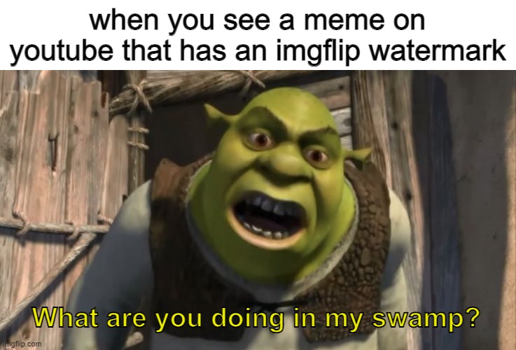 Shrek What are you doing in my swamp? | when you see a meme on youtube that has an imgflip watermark; What are you doing in my swamp? | image tagged in shrek what are you doing in my swamp,memes,funny | made w/ Imgflip meme maker