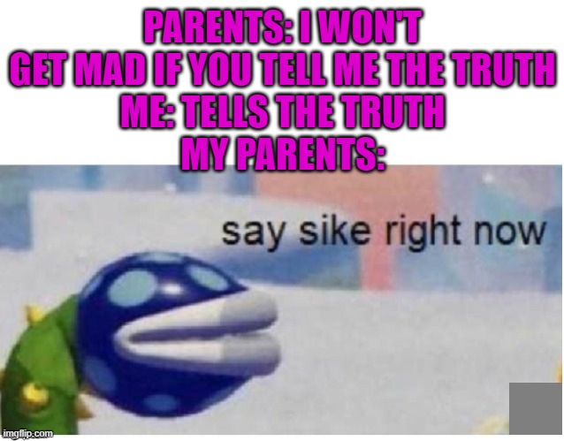 I dunno if this is repost.. | PARENTS: I WON'T GET MAD IF YOU TELL ME THE TRUTH
ME: TELLS THE TRUTH
MY PARENTS: | image tagged in memes,funny,say sike right now,you just got vectored | made w/ Imgflip meme maker