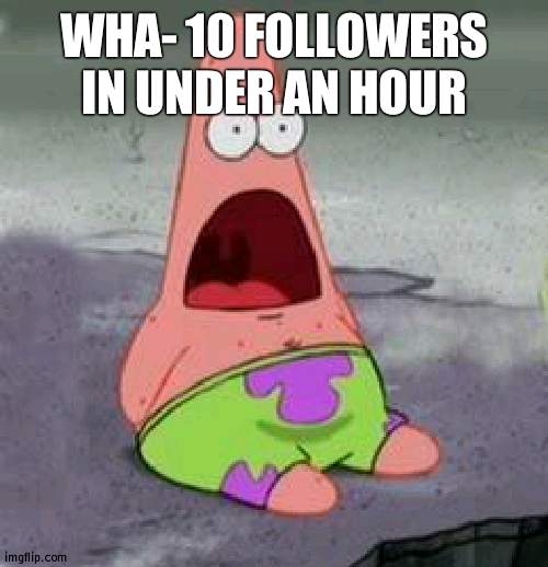 I'm amazed | WHA- 10 FOLLOWERS IN UNDER AN HOUR | image tagged in suprised patrick,amazed | made w/ Imgflip meme maker