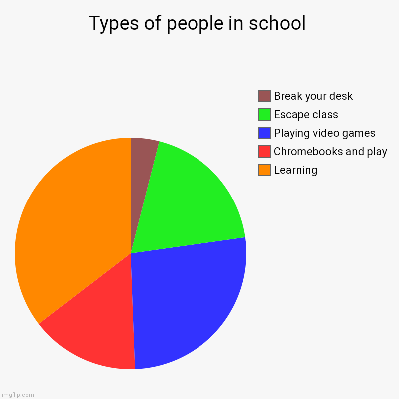 Types of people taking class | Types of people in school | Learning, Chromebooks and play, Playing video games, Escape class, Break your desk | image tagged in charts,pie charts | made w/ Imgflip chart maker