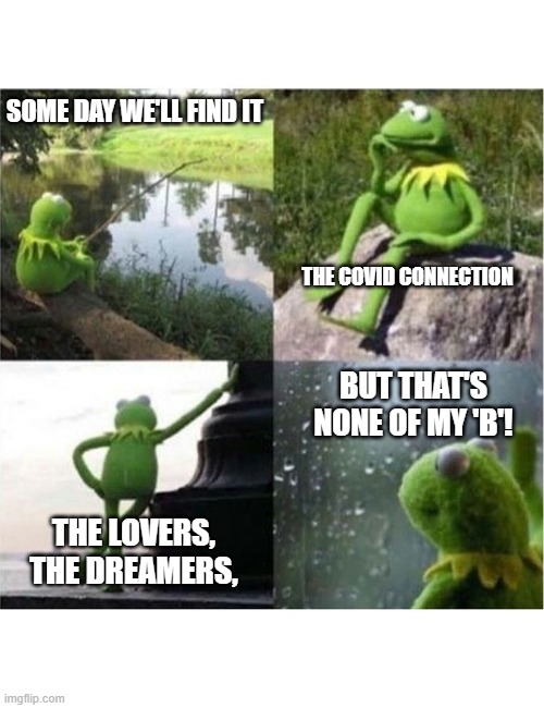 The COVID connection... | SOME DAY WE'LL FIND IT; THE COVID CONNECTION; BUT THAT'S NONE OF MY 'B'! THE LOVERS, THE DREAMERS, | image tagged in blank kermit waiting,the rainbow connection,kermit the frog,but thats none of my business,covid19 | made w/ Imgflip meme maker