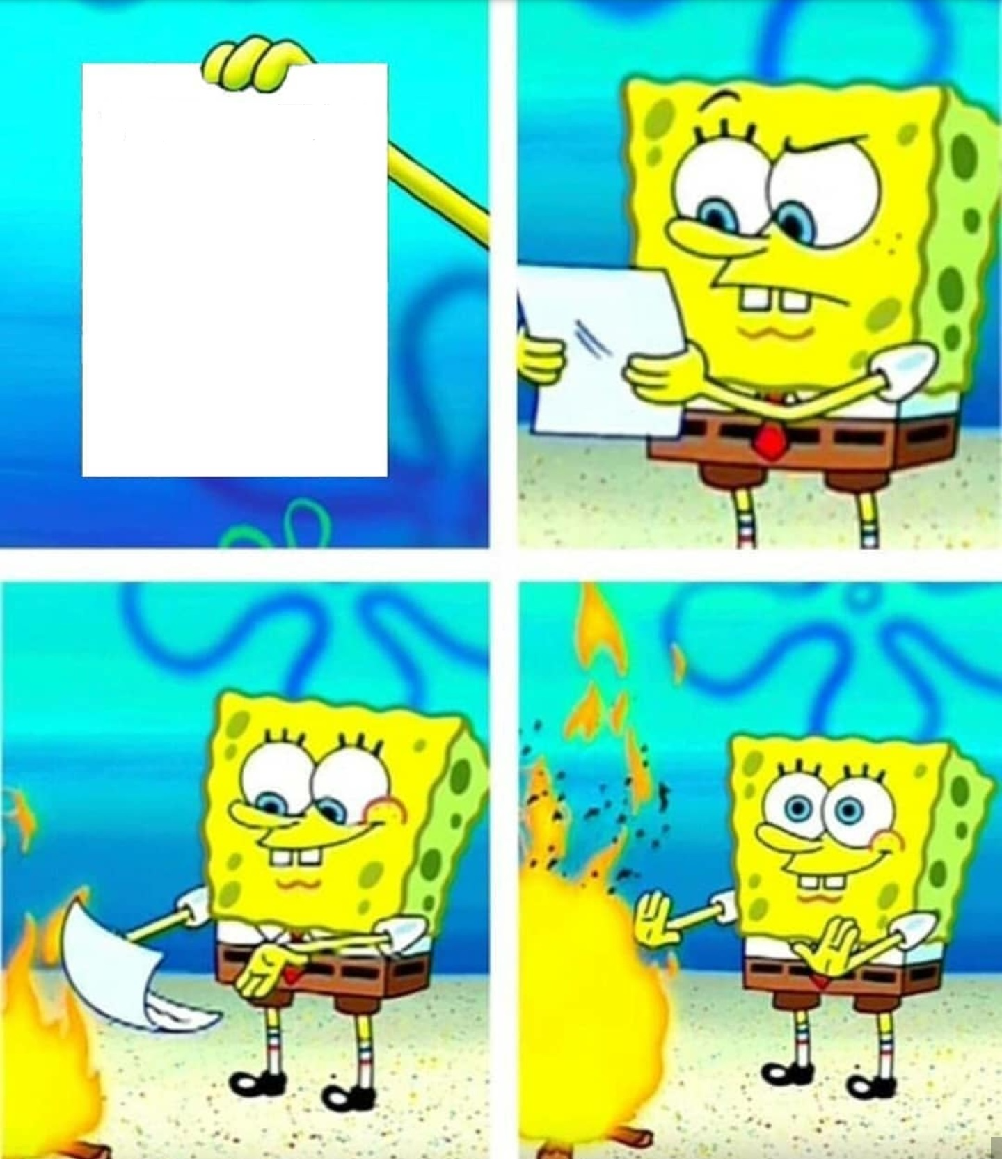 Spongebob putting paper in fire Blank Meme Template
