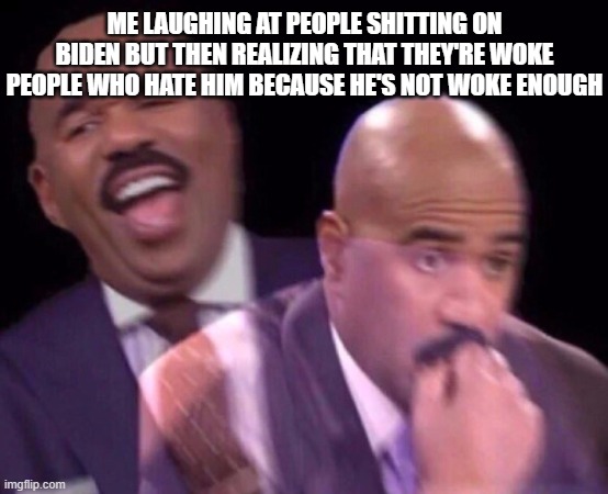 Biden's Bullies | ME LAUGHING AT PEOPLE SHITTING ON BIDEN BUT THEN REALIZING THAT THEY'RE WOKE PEOPLE WHO HATE HIM BECAUSE HE'S NOT WOKE ENOUGH | image tagged in steve harvey laughing serious,biden,woke | made w/ Imgflip meme maker