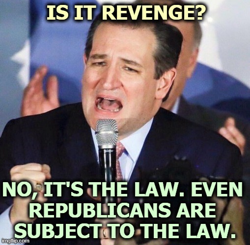 If he broke the law, the law should break him. | IS IT REVENGE? NO, IT'S THE LAW. EVEN 
REPUBLICANS ARE 
SUBJECT TO THE LAW. | image tagged in ted cruz singing,law,break,criminal,punishment,good | made w/ Imgflip meme maker
