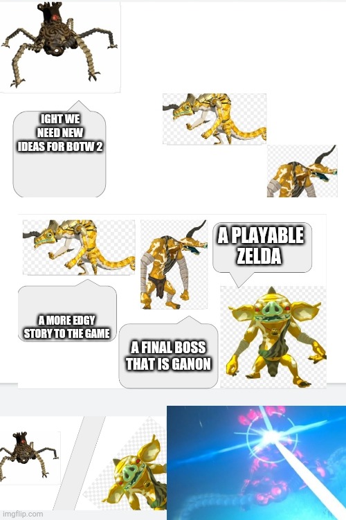 Botw meeting suggestion | IGHT WE NEED NEW IDEAS FOR BOTW 2; A PLAYABLE ZELDA; A MORE EDGY STORY TO THE GAME; A FINAL BOSS THAT IS GANON | image tagged in botw meeting suggestion,botw,legend of zelda,the legend of zelda,the legend of zelda breath of the wild | made w/ Imgflip meme maker