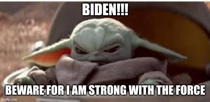 mad baby yoda | BIDEN!!! BEWARE FOR I AM STRONG WITH THE FORCE | image tagged in mad baby yoda | made w/ Imgflip meme maker