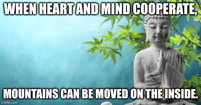 Mountains on the Inside | WHEN HEART AND MIND COOPERATE, MOUNTAINS CAN BE MOVED ON THE INSIDE. | image tagged in buddha peaceful,heart,mind | made w/ Imgflip meme maker
