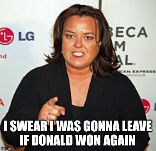 Rosie O'Donnell Pointing | I SWEAR I WAS GONNA LEAVE
 IF DONALD WON AGAIN | image tagged in rosie o'donnell pointing | made w/ Imgflip meme maker