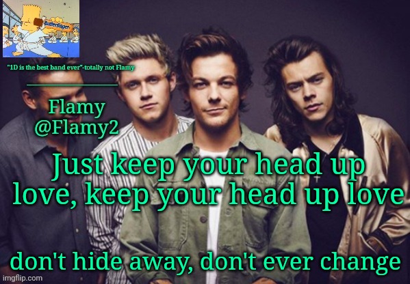 Flamy 1D announcement | Just keep your head up love, keep your head up love; don't hide away, don't ever change | image tagged in flamy 1d announcement | made w/ Imgflip meme maker
