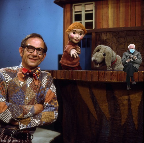 Mr Dressup and Casey, and Bernie Sanders (fixed so he's sitting on the ledge) | image tagged in bernie sanders | made w/ Imgflip meme maker