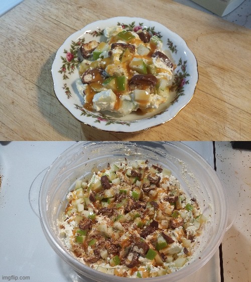This stuff is called Twix Caramel Apple Salad...it's a salad so that makes it healthy! | image tagged in twix caramel apple salad,food,dessert | made w/ Imgflip meme maker