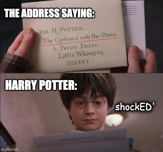 Meme on Harry Potter and the Sorcerer's stone | THE ADDRESS SAYING:; HARRY POTTER:; shockED' | image tagged in memes,you're a wizard harry | made w/ Imgflip meme maker