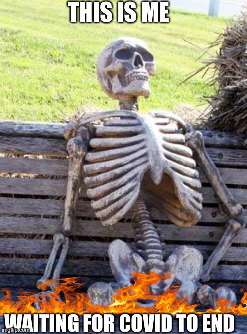 Waiting for COVID to end | THIS IS ME; WAITING FOR COVID TO END | image tagged in memes,waiting skeleton,coronavirus,fire | made w/ Imgflip meme maker