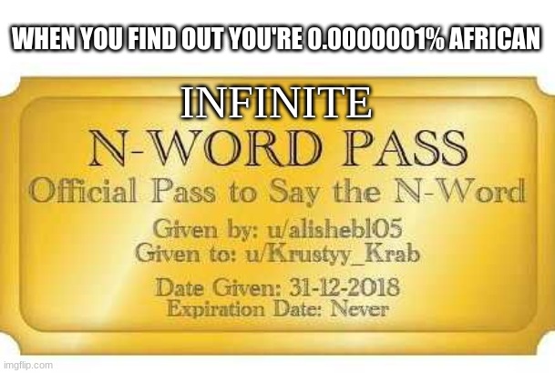 N-word pass | WHEN YOU FIND OUT YOU'RE 0.0000001% AFRICAN; INFINITE | image tagged in funny,funny memes,n word,lol | made w/ Imgflip meme maker