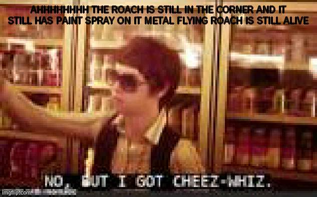 OOOH ITS THUNDERING OUTSIDE | AHHHHHHHH THE ROACH IS STILL IN THE CORNER AND IT STILL HAS PAINT SPRAY ON IT METAL FLYING ROACH IS STILL ALIVE | image tagged in no but i got cheez-whiz | made w/ Imgflip meme maker