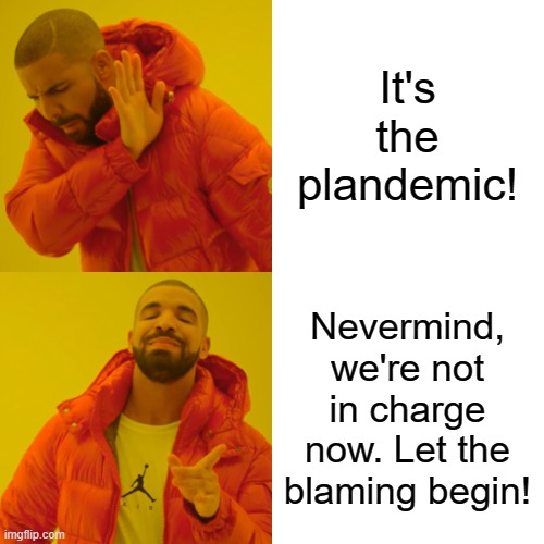 Drake Hotline Bling Meme | It's the plandemic! Nevermind, we're not in charge now. Let the blaming begin! | image tagged in memes,drake hotline bling | made w/ Imgflip meme maker
