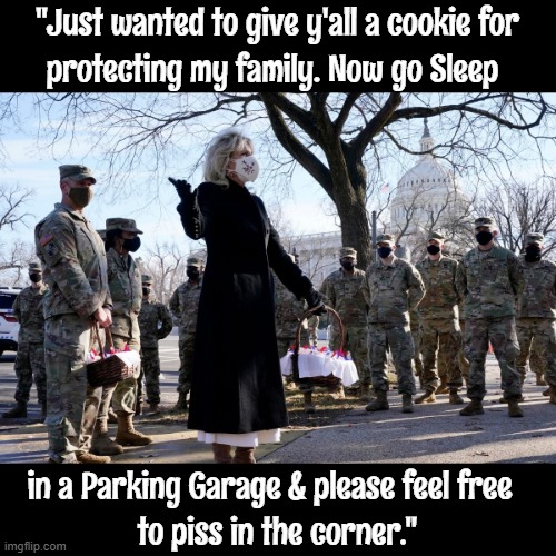 From a gratefull Biden Administration | "Just wanted to give y'all a cookie for; protecting my family. Now go Sleep; in a Parking Garage & please feel free; to piss in the corner." | image tagged in nat'l guard,jill biden,inauguration,military | made w/ Imgflip meme maker