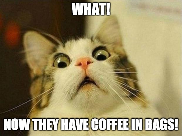 coffee cat | WHAT! NOW THEY HAVE COFFEE IN BAGS! | image tagged in memes,scared cat | made w/ Imgflip meme maker