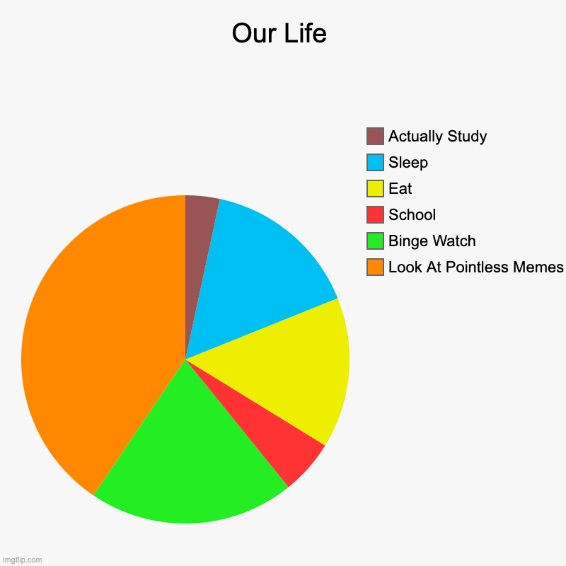 I know this is true! | Our Life | Look At Pointless Memes, Binge Watch, School, Eat, Sleep, Actually Study | image tagged in charts,pie charts | made w/ Imgflip chart maker