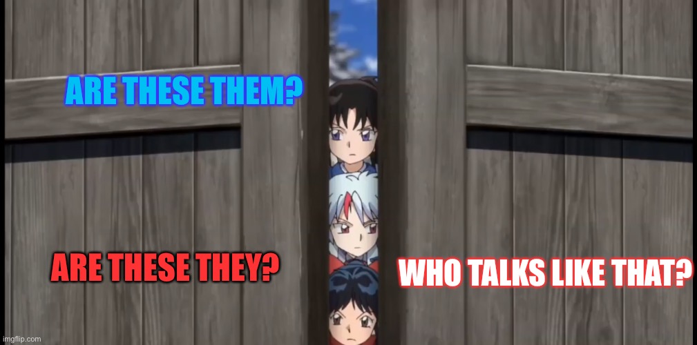 Are these they? | ARE THESE THEM? WHO TALKS LIKE THAT? ARE THESE THEY? | image tagged in yashahime,inuyasha,venture bros,reference,parody,henchmen | made w/ Imgflip meme maker