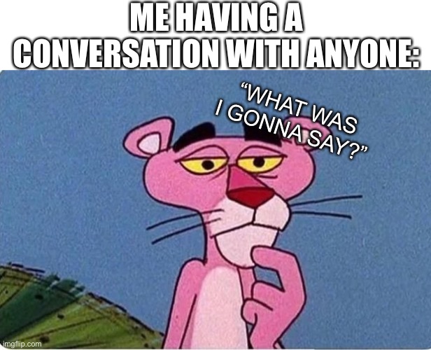 “What was I gonna say?” | ME HAVING A CONVERSATION WITH ANYONE:; “WHAT WAS I GONNA SAY?” | image tagged in pink panther,what was i gonna say,memes,funny,goofy,thinking | made w/ Imgflip meme maker