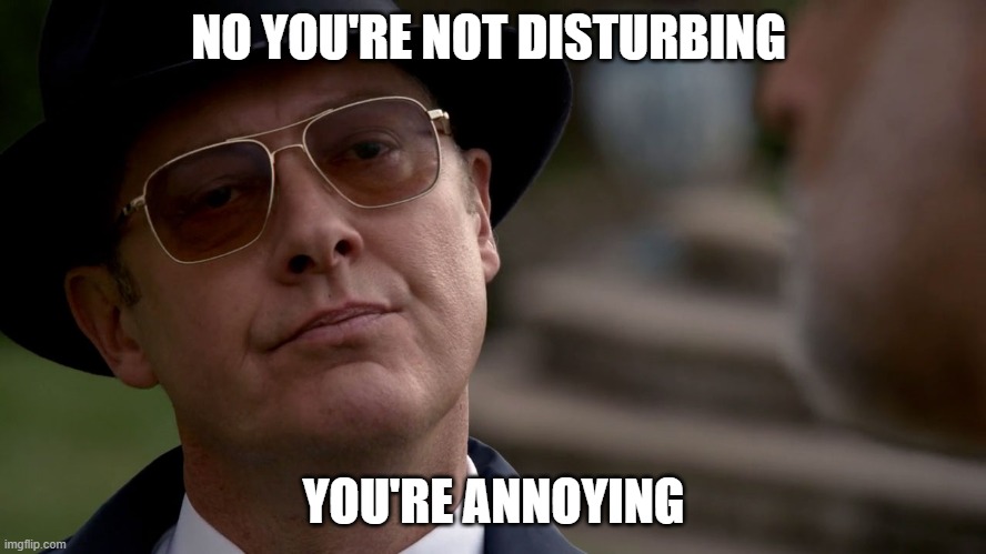 Am I disturbing? | NO YOU'RE NOT DISTURBING; YOU'RE ANNOYING | image tagged in reddington not happy,disturbing,annoying | made w/ Imgflip meme maker