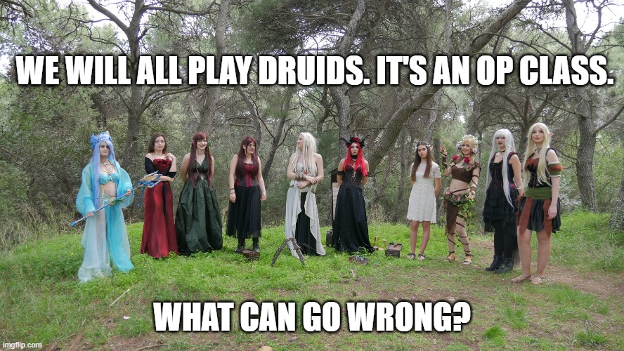 Druids only | WE WILL ALL PLAY DRUIDS. IT'S AN OP CLASS. WHAT CAN GO WRONG? | image tagged in nymphs devoured kingdom,dnd,druid,mpolypragmon,nymphs,cosplay | made w/ Imgflip meme maker