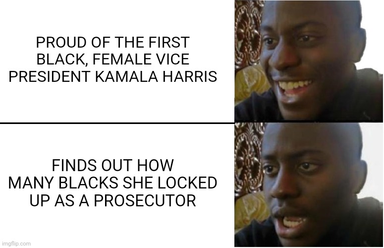 Disappointed Black Guy | PROUD OF THE FIRST BLACK, FEMALE VICE PRESIDENT KAMALA HARRIS; FINDS OUT HOW MANY BLACKS SHE LOCKED UP AS A PROSECUTOR | image tagged in disappointed black guy | made w/ Imgflip meme maker