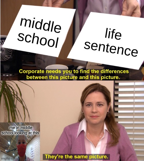 help me get out of middle school | middle school; life sentence; me in middle school looking at this | image tagged in memes,they're the same picture | made w/ Imgflip meme maker