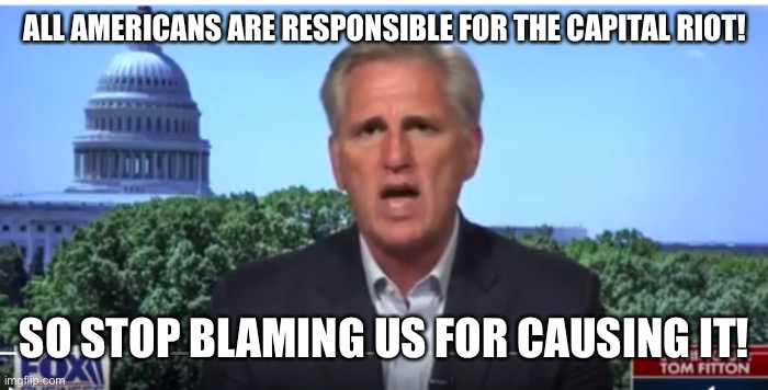 Actually this makes sense in his world where only republicans are the only people that get to have their votes counted | ALL AMERICANS ARE RESPONSIBLE FOR THE CAPITAL RIOT! SO STOP BLAMING US FOR CAUSING IT! | image tagged in kevin mccarthy | made w/ Imgflip meme maker