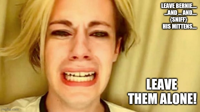 Leave Bernie (and his mittens) alone! | LEAVE BERNIE....
...AND ... AND....
{SNIFF}         
   HIS MITTENS.... LEAVE        
THEM ALONE! | image tagged in leave brittany alone,bernie mittens,inauguration win,2021,mittens for life,mfl | made w/ Imgflip meme maker