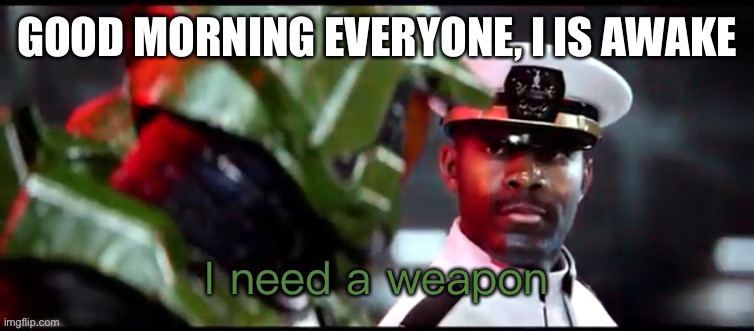 Helo | GOOD MORNING EVERYONE, I IS AWAKE | image tagged in i need a weapon halo 2a | made w/ Imgflip meme maker