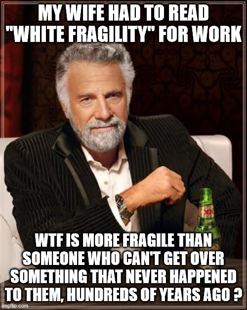 The Most Interesting Man In The World Meme | MY WIFE HAD TO READ "WHITE FRAGILITY" FOR WORK; WTF IS MORE FRAGILE THAN SOMEONE WHO CAN'T GET OVER SOMETHING THAT NEVER HAPPENED TO THEM, HUNDREDS OF YEARS AGO ? | image tagged in memes,the most interesting man in the world | made w/ Imgflip meme maker