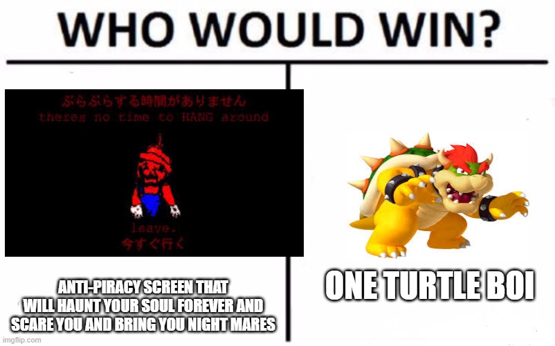 If you use IMGflip on dark mode you are a legend | ONE TURTLE BOI; ANTI-PIRACY SCREEN THAT WILL HAUNT YOUR SOUL FOREVER AND SCARE YOU AND BRING YOU NIGHT MARES | image tagged in memes,who would win | made w/ Imgflip meme maker
