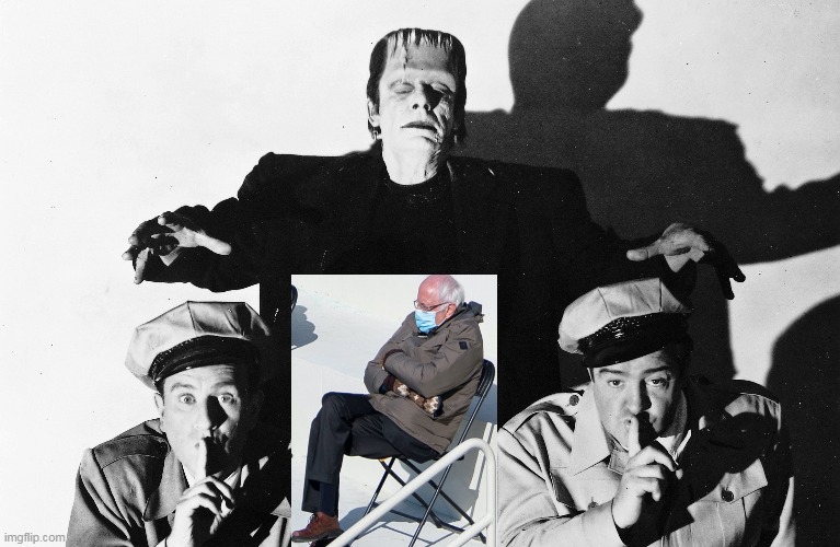 Abbott,Costello,Sanders meet Frankenstein | image tagged in bud abbott,lou costello,bernie sanders,fire,frankenstein,classic | made w/ Imgflip meme maker
