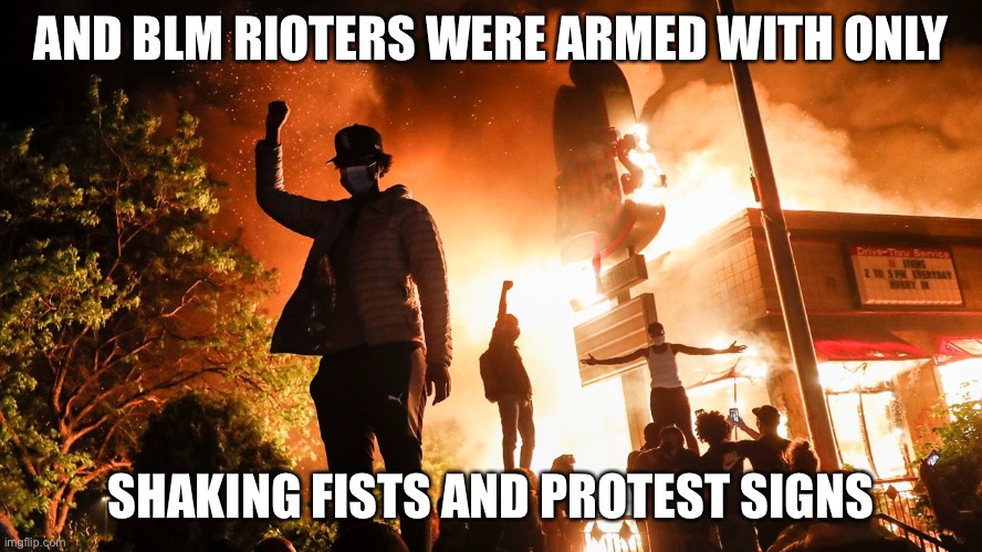 BLM Riots | AND BLM RIOTERS WERE ARMED WITH ONLY SHAKING FISTS AND PROTEST SIGNS | image tagged in blm riots | made w/ Imgflip meme maker