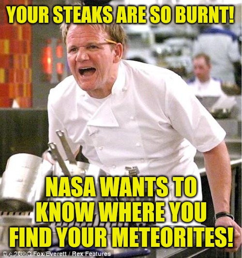 Cooking.....it ain't easy | YOUR STEAKS ARE SO BURNT! NASA WANTS TO KNOW WHERE YOU FIND YOUR METEORITES! | image tagged in memes,chef gordon ramsay,daily cooking lesson | made w/ Imgflip meme maker
