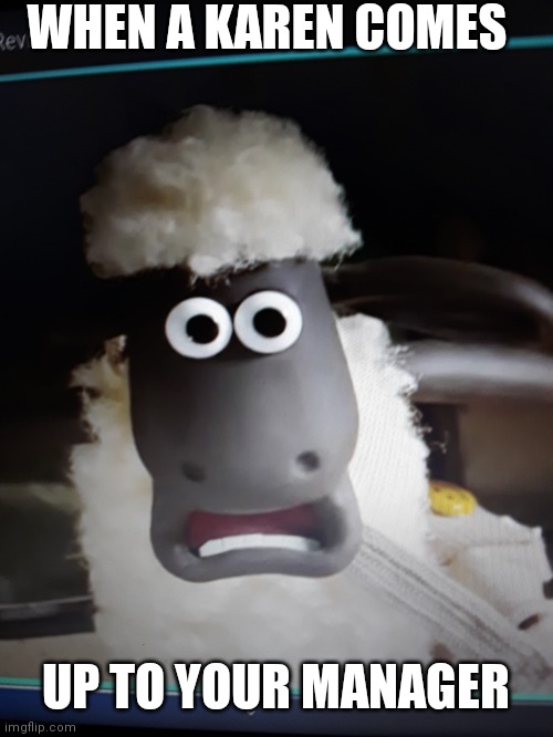 Shocked Shaun the Sheep | WHEN A KAREN COMES; UP TO YOUR MANAGER | image tagged in funny | made w/ Imgflip meme maker
