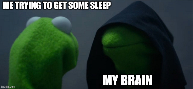 Evil Kermit | ME TRYING TO GET SOME SLEEP; MY BRAIN | image tagged in memes,evil kermit | made w/ Imgflip meme maker