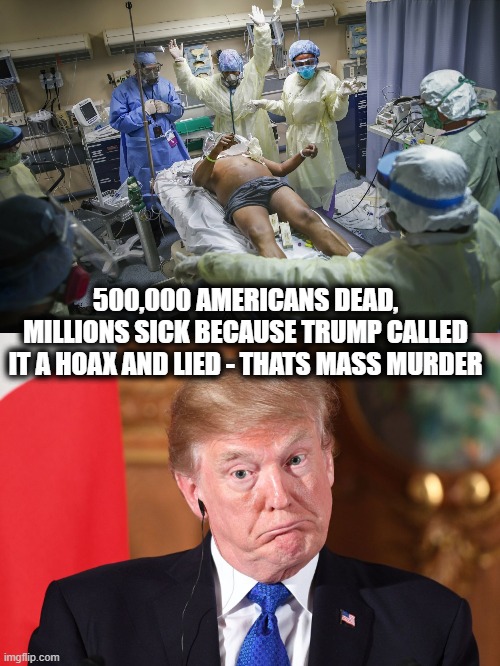 500,000 AMERICANS DEAD, MILLIONS SICK BECAUSE TRUMP CALLED IT A HOAX AND LIED - THATS MASS MURDER | image tagged in trump stupid dumb befuddled dumbfounded out of his dapth | made w/ Imgflip meme maker