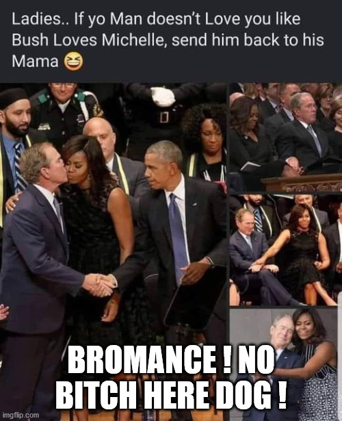 Bromance | BROMANCE ! NO BITCH HERE DOG ! | image tagged in george bush,michelle obama | made w/ Imgflip meme maker