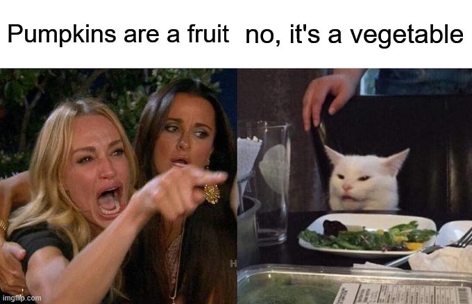 they don't taste as sweet as fruit though........... | Pumpkins are a fruit; no, it's a vegetable | image tagged in memes,woman yelling at cat | made w/ Imgflip meme maker