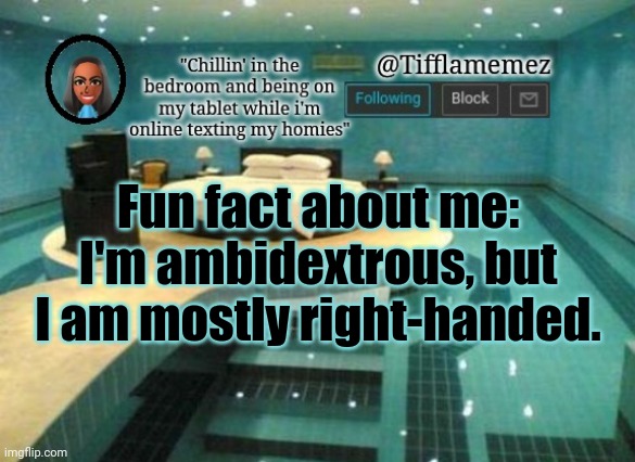 Fact about me | Fun fact about me: I'm ambidextrous, but I am mostly right-handed. | image tagged in tifflamemez announcement template | made w/ Imgflip meme maker