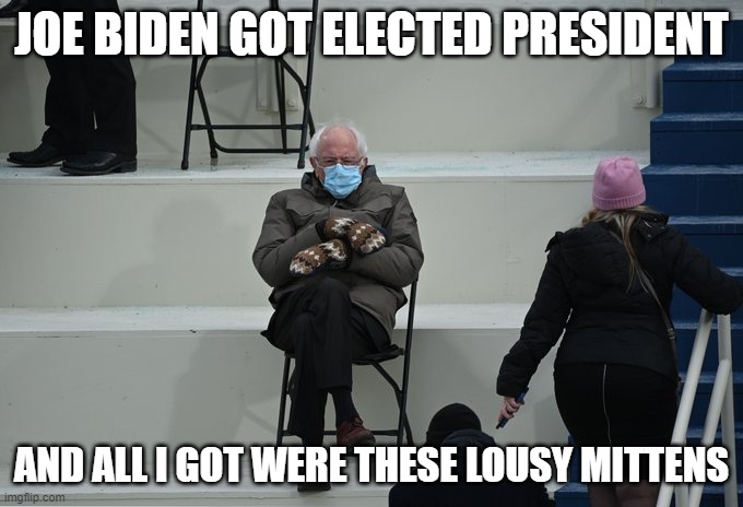 Bernie's Lousy Mittens | JOE BIDEN GOT ELECTED PRESIDENT; AND ALL I GOT WERE THESE LOUSY MITTENS | image tagged in bernie sitting | made w/ Imgflip meme maker