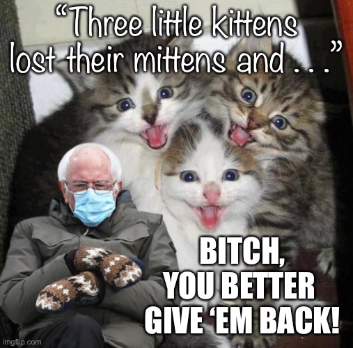 The Infamous Three Little Kittens and Bernie are Off to a Rough Start... | “Three little kittens lost their mittens and . . .”; BITCH, YOU BETTER 
GIVE ‘EM BACK! | image tagged in bernie sanders,bernie,bernie mittens,kittens,three little kittens,cat memes | made w/ Imgflip meme maker