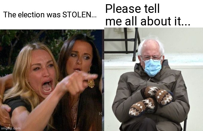 Bernie's Mittens | The election was STOLEN... Please tell me all about it... | image tagged in memes,woman yelling at cat | made w/ Imgflip meme maker