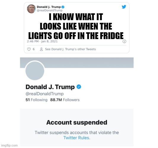 impossible | I KNOW WHAT IT LOOKS LIKE WHEN THE LIGHTS GO OFF IN THE FRIDGE | image tagged in trump twitter account suspended | made w/ Imgflip meme maker