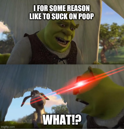 Shrek For Five Minutes | I FOR SOME REASON LIKE TO SUCK ON POOP; WHAT!? | image tagged in shrek for five minutes | made w/ Imgflip meme maker
