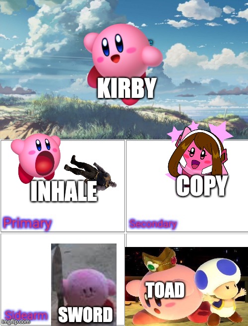 KIRBY; COPY; INHALE; TOAD; SWORD | image tagged in loadout templet,kirby with a knife,anime girl army,blank comic panel 2x2 | made w/ Imgflip meme maker